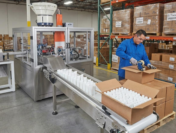 Plastic tube shoulder making machine in a modular automation cell Plastic tube shoulder making machine integrated into automated production cell